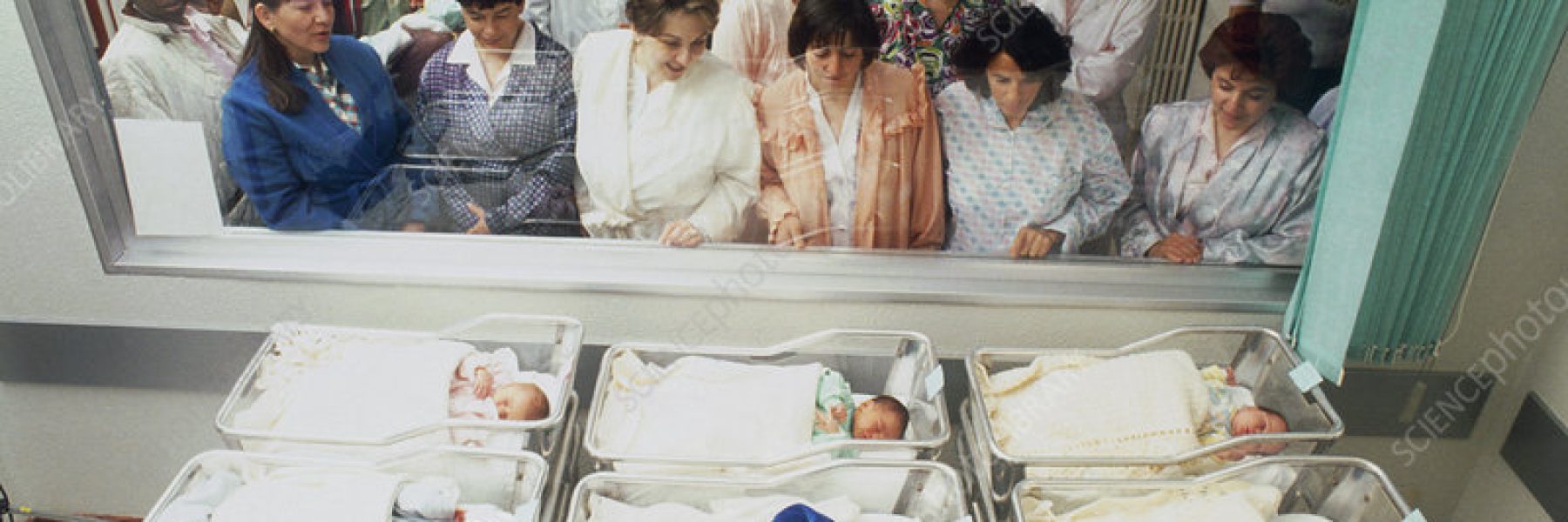 Hospital nursery. Parents of newborn babies and hospital staff observe newborn babies in a hospital nursery. The babies are wrapped in blankets and are lying in warm cots.